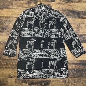 Vintage Geometric Deer Print Rayon Shirt Jacket Black White M